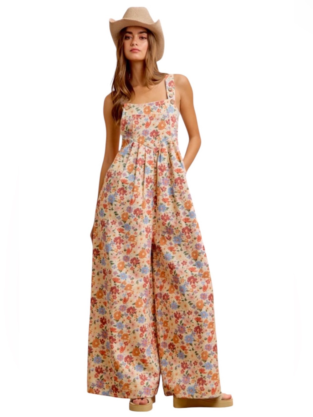 Floral Square-Neck Wide-Leg Jumpsuit in Multi Floral